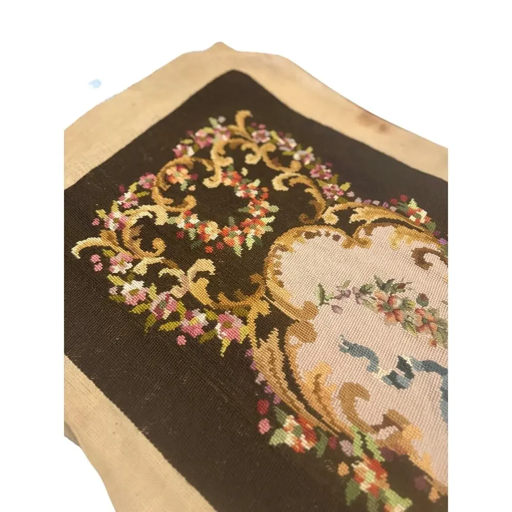 Vintage Handmade Needlepoint Embroidered Bench Top Wool Brown Pink Florals Blue